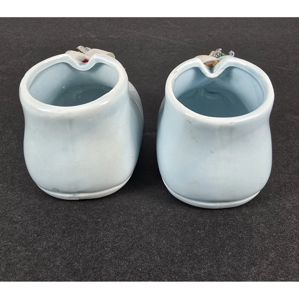 Vintage Blue Ceramic Baby Booties Shoes Mini Figurines with Flowers